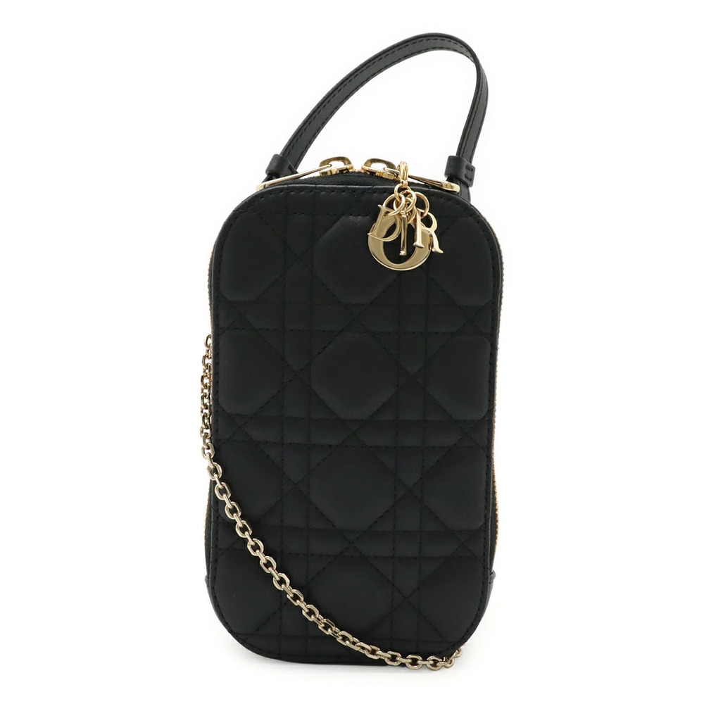 Christian Dior Lady Callin Phone Smartphone Case Chain Shoulder Leather Black